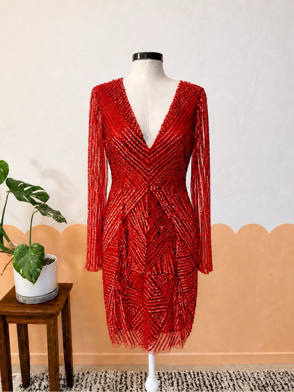 Gianni Bini Red Sloane Sequin Long-Sleeve V-Neck Dress